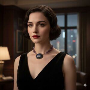 Vintage Art Deco Style Carved Amethyst Bead Necklace Lapis Lazuli Filigree Penda